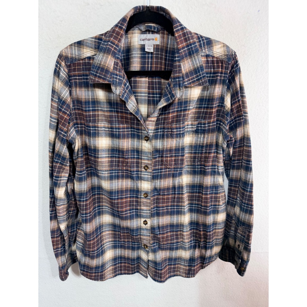 Carhartt Button Up Plaid Flannel Shirt Women's Large Blue Brown Cabincore Cozy